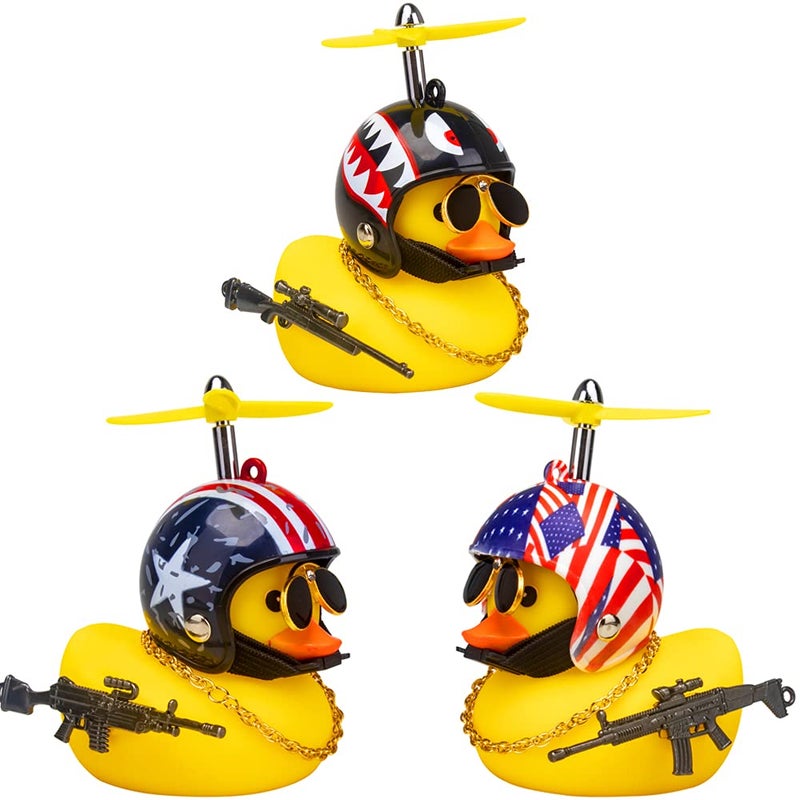 wonuu 3 Pack Car Rubber Duck Cute Yellow Wind-Breaking Ducks Dashboard Decorations Small Ornaments with Propellers Glasses Gold Chain (Yellow-Stars and Stripes&Flag&Shark) - Image 1